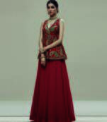 Red Printed Embroidered crepe co ord set