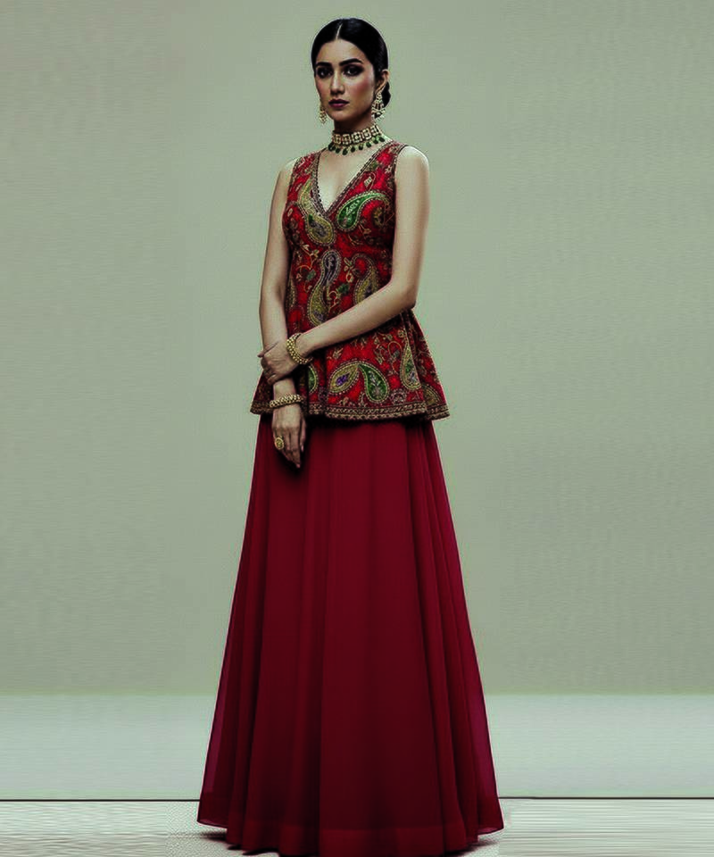 Red Printed Embroidered crepe co ord set