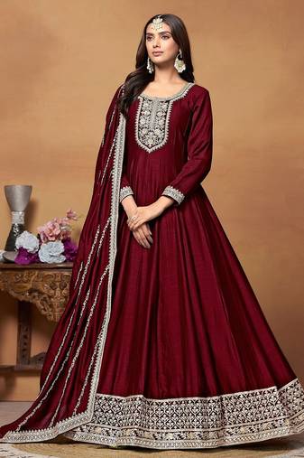 Maroon art silk embroidery & sequins semi stitched suit size up to 42