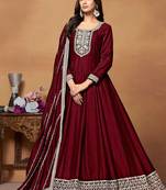 Maroon art silk embroidery & sequins semi stitched suit size up to 42