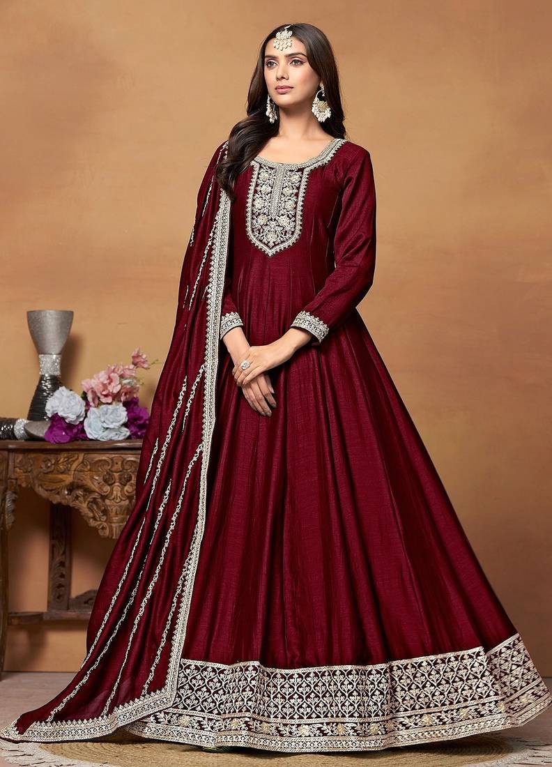 Maroon art silk embroidery & sequins semi stitched suit size up to 42
