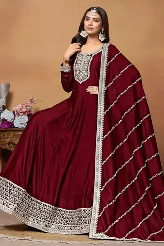 Maroon art silk embroidery & sequins semi stitched suit size up to 42