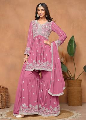 Pink georgette embroidery & sequins semi stitched suit size up to 42 1