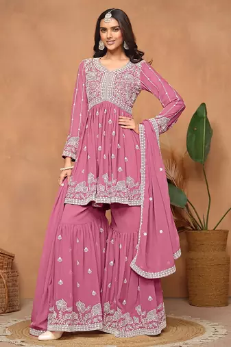 Pink georgette embroidery & sequins semi stitched suit size up to 42