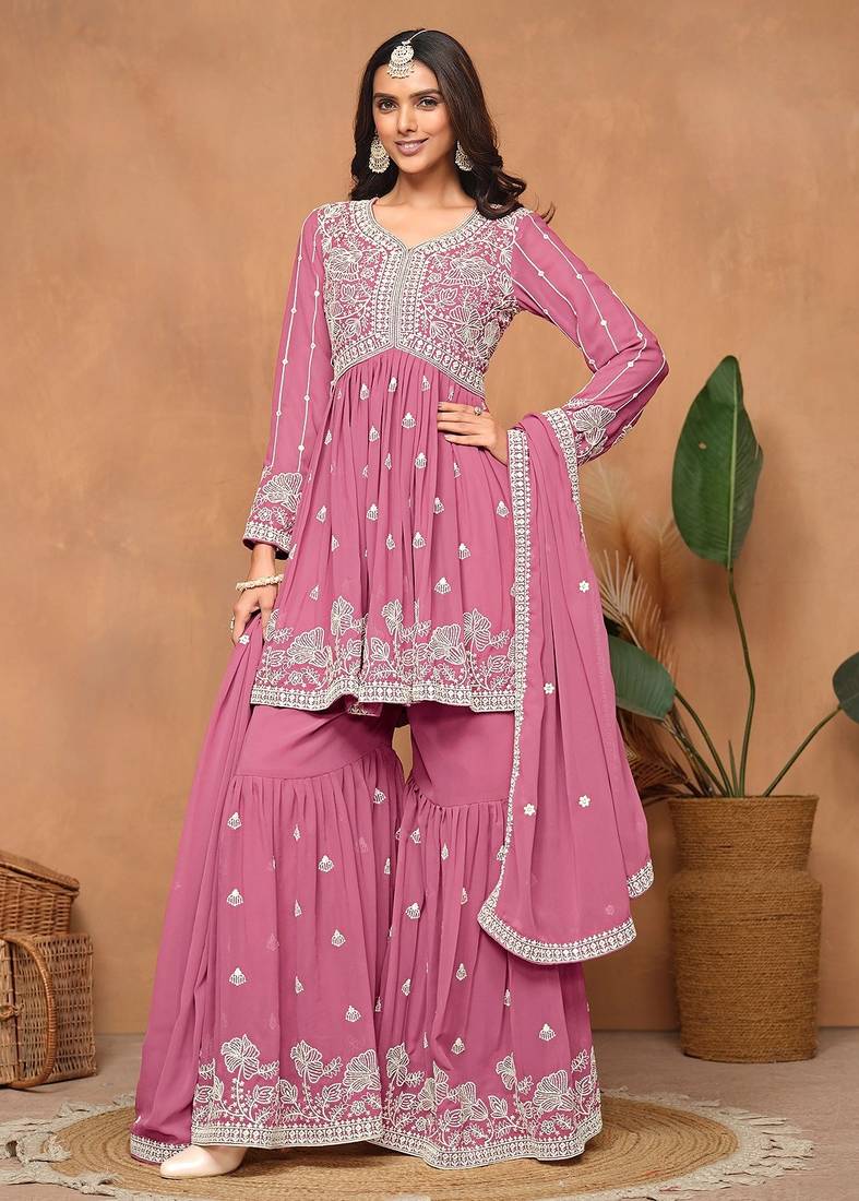 Pink georgette embroidery & sequins semi stitched suit size up to 42
