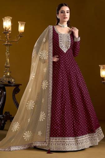Purple chenderi embroidery & sequins semi stitched suit size up to 42