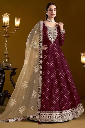 Purple chenderi embroidery & sequins semi stitched suit size up to 42