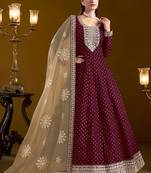 Purple chenderi embroidery & sequins semi stitched suit size up to 42