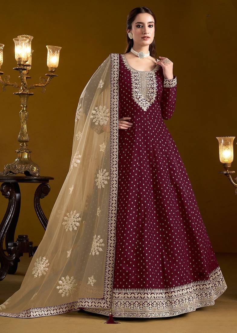 Purple chenderi embroidery & sequins semi stitched suit size up to 42