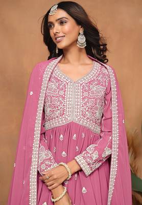 Pink georgette embroidery & sequins semi stitched suit size up to 42 2
