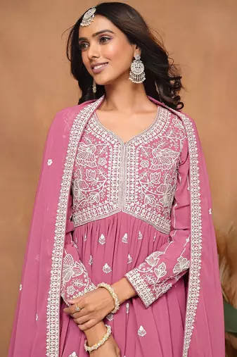 Pink georgette embroidery & sequins semi stitched suit size up to 42