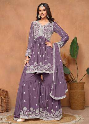 Purple georgette embroidery & sequins semi stitched suit size up to 42 1