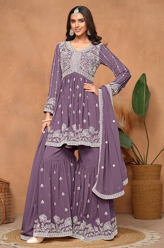Purple georgette embroidery & sequins semi stitched suit size up to 42