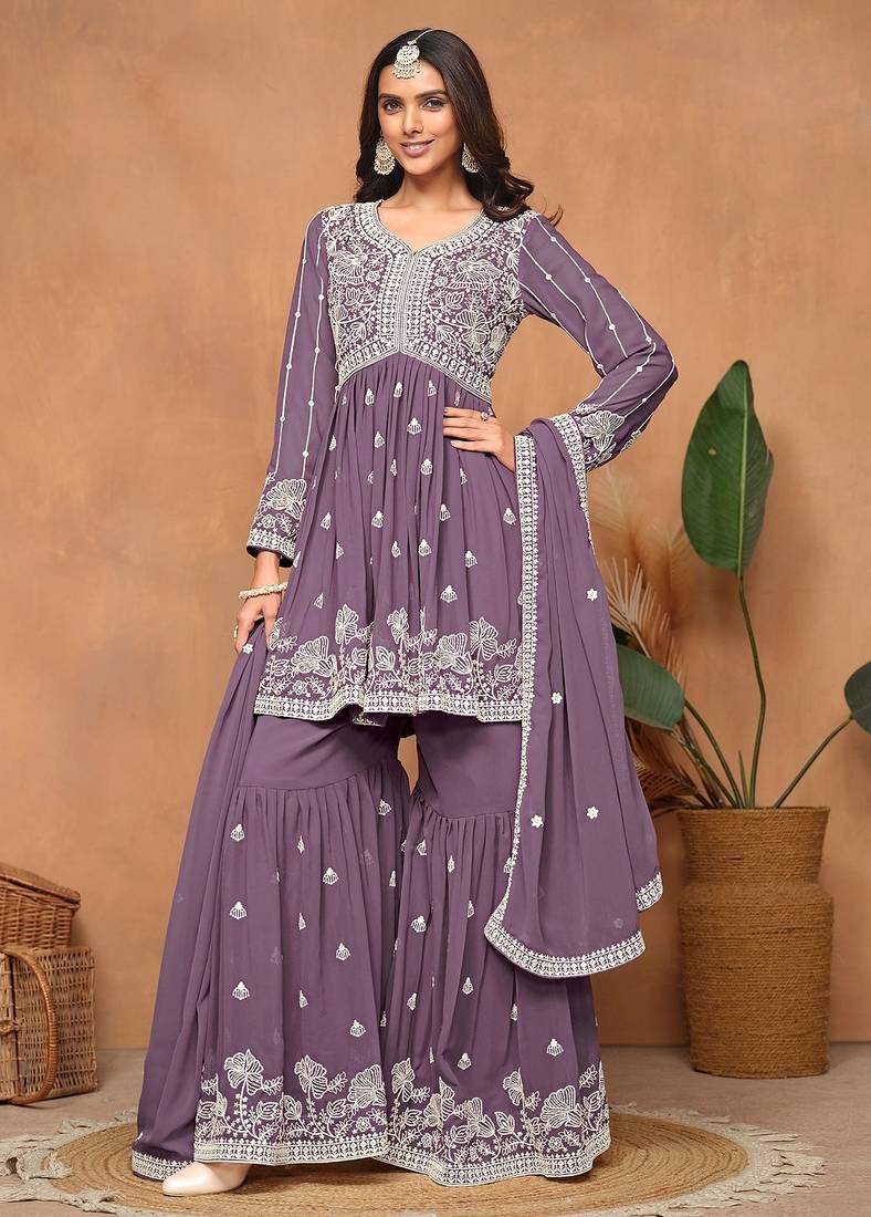 Purple georgette embroidery & sequins semi stitched suit size up to 42