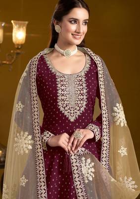 Purple chenderi embroidery & sequins semi stitched suit size up to 42 2