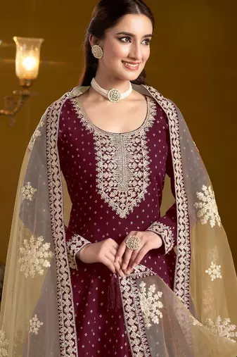Purple chenderi embroidery & sequins semi stitched suit size up to 42