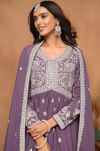 Purple georgette embroidery & sequins semi stitched suit size up to 42