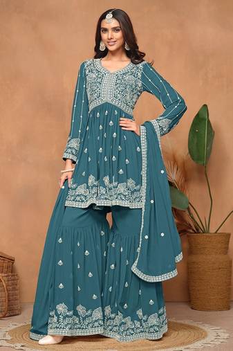 Teal blue georgette embroidery & sequins semi stitched suit size up to 42