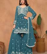 Teal blue georgette embroidery & sequins semi stitched suit size up to 42