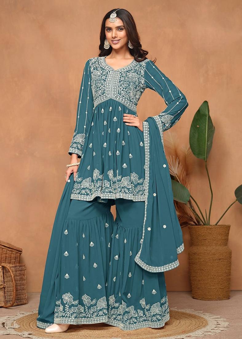 Teal blue georgette embroidery & sequins semi stitched suit size up to 42