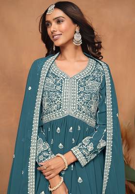 Teal blue georgette embroidery & sequins semi stitched suit size up to 42 2