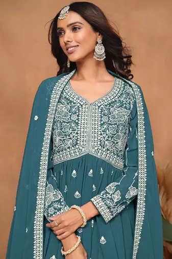Teal blue georgette embroidery & sequins semi stitched suit size up to 42