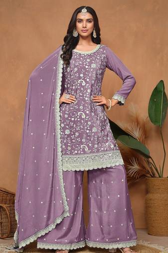 Lilac chinnon embroidery & sequins semi stitched suit size up to 42