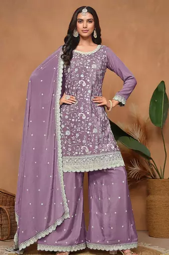 Lilac chinnon embroidery & sequins semi stitched suit size up to 42