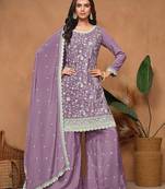 Lilac chinnon embroidery & sequins semi stitched suit size up to 42