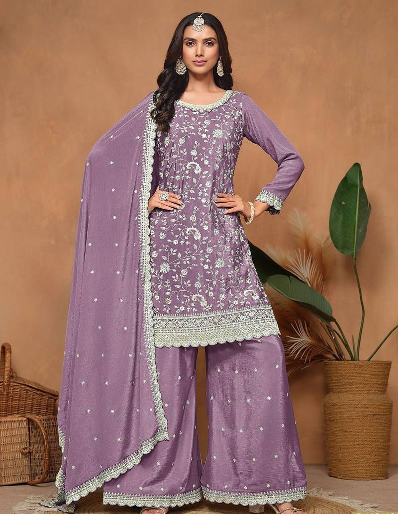 Lilac chinnon embroidery & sequins semi stitched suit size up to 42