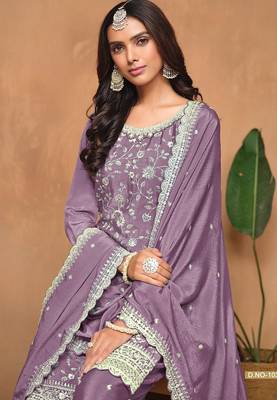 Lilac chinnon embroidery & sequins semi stitched suit size up to 42 2