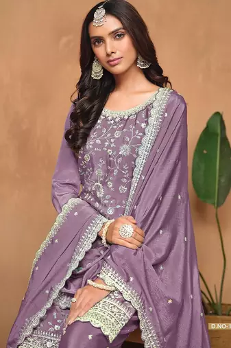 Lilac chinnon embroidery & sequins semi stitched suit size up to 42