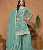 Turquoise chinnon embroidery & sequins semi stitched suit size up to 42
