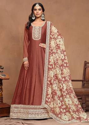 Gold brown art silk embroidery print & sequins semi stitched suit size up to 42 1