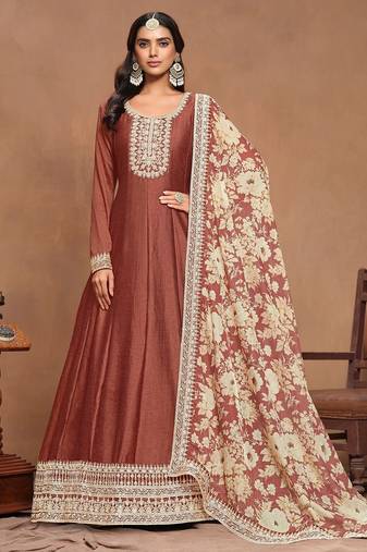 Gold brown art silk embroidery print & sequins semi stitched suit size up to 42