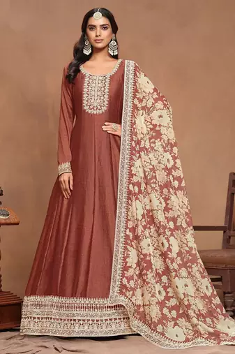 Gold brown art silk embroidery print & sequins semi stitched suit size up to 42
