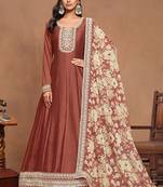 Gold brown art silk embroidery print & sequins semi stitched suit size up to 42