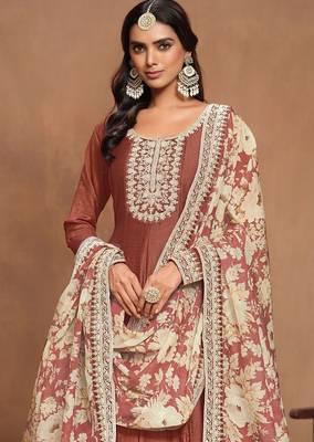 Gold brown art silk embroidery print & sequins semi stitched suit size up to 42 2