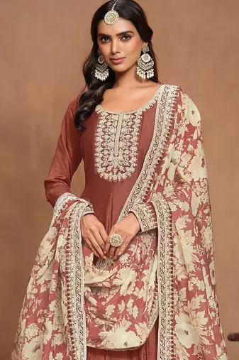 Gold brown art silk embroidery print & sequins semi stitched suit size up to 42