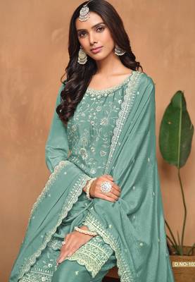 Turquoise chinnon embroidery & sequins semi stitched suit size up to 42 2