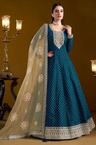 Teal blue chenderi embroidery & sequins semi stitched suit size up to 42