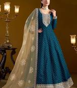 Teal blue chenderi embroidery & sequins semi stitched suit size up to 42