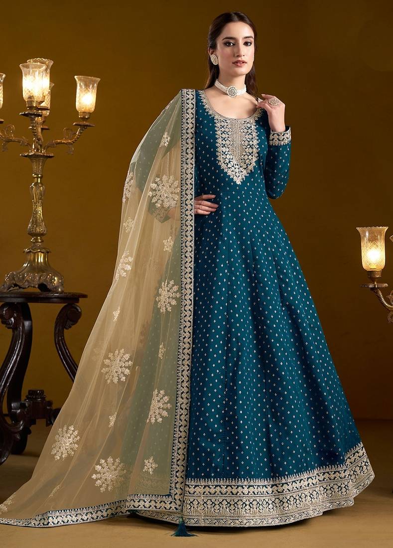 Teal blue chenderi embroidery & sequins semi stitched suit size up to 42