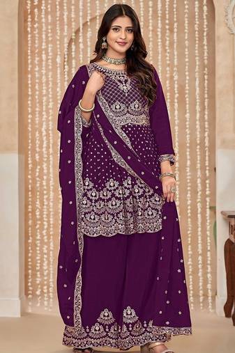 Purple chinnon embroidery & sequins semi stitched suit size up to 42
