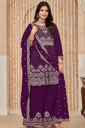 Purple chinnon embroidery & sequins semi stitched suit size up to 42