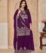 Purple chinnon embroidery & sequins semi stitched suit size up to 42