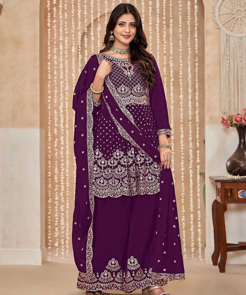 Purple chinnon embroidery & sequins semi stitched suit size up to 42