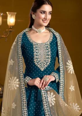 Teal blue chenderi embroidery & sequins semi stitched suit size up to 42 2