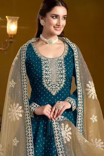 Teal blue chenderi embroidery & sequins semi stitched suit size up to 42
