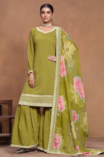 Olive green roman silk embroidery print & sequins semi stitched suit size up to 42